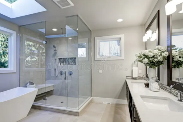 Contemporary bathroom renovation with freestanding tub