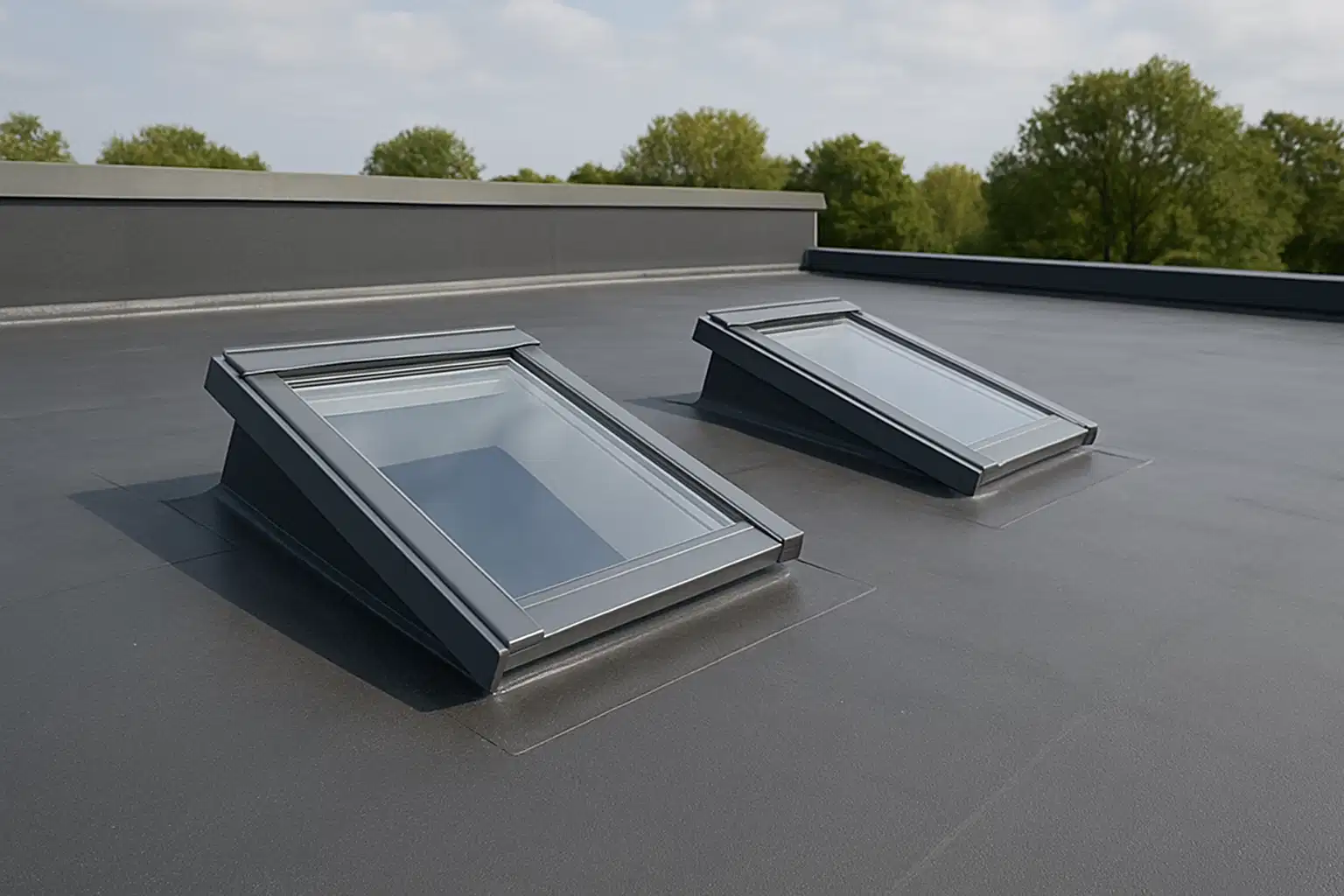 Modern flat roofing system installation with EPDM rubber membrane
