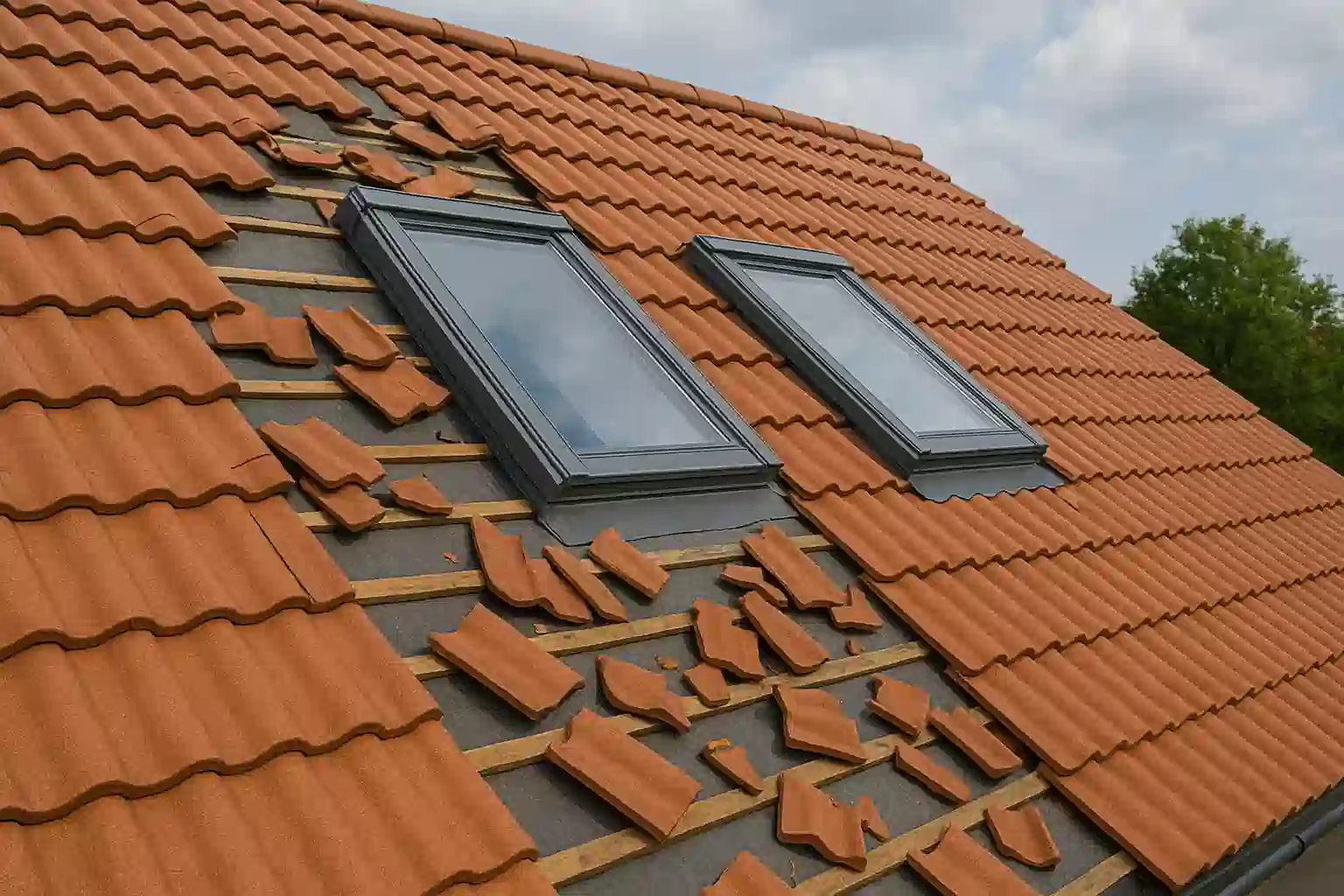 Emergency storm damage roof repair showing damaged tiles being replaced