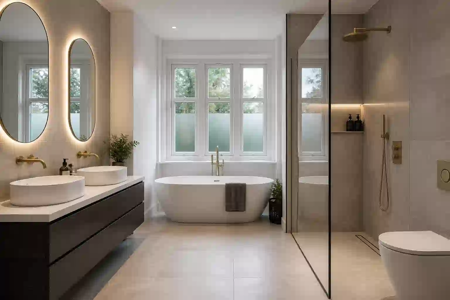 Luxury master ensuite with freestanding bath and walk-in wet zone in a Victorian semi in Didsbury