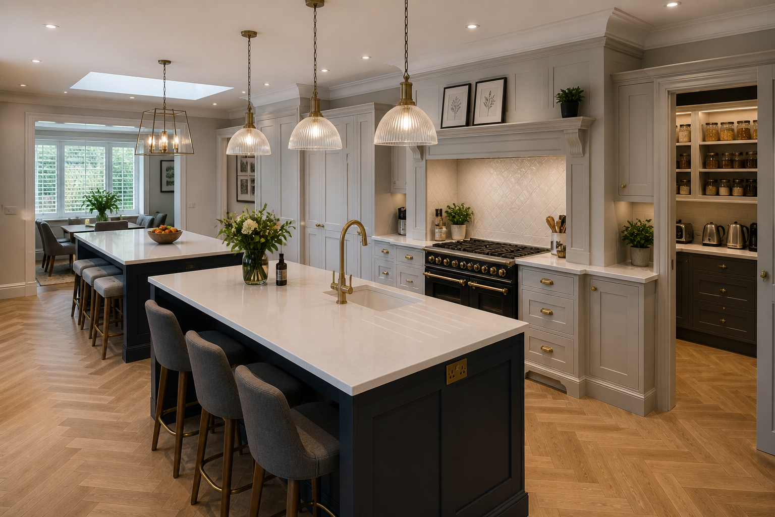 Painted in-frame family kitchen with double island and walk-in pantry in Edgbaston, Birmingham
