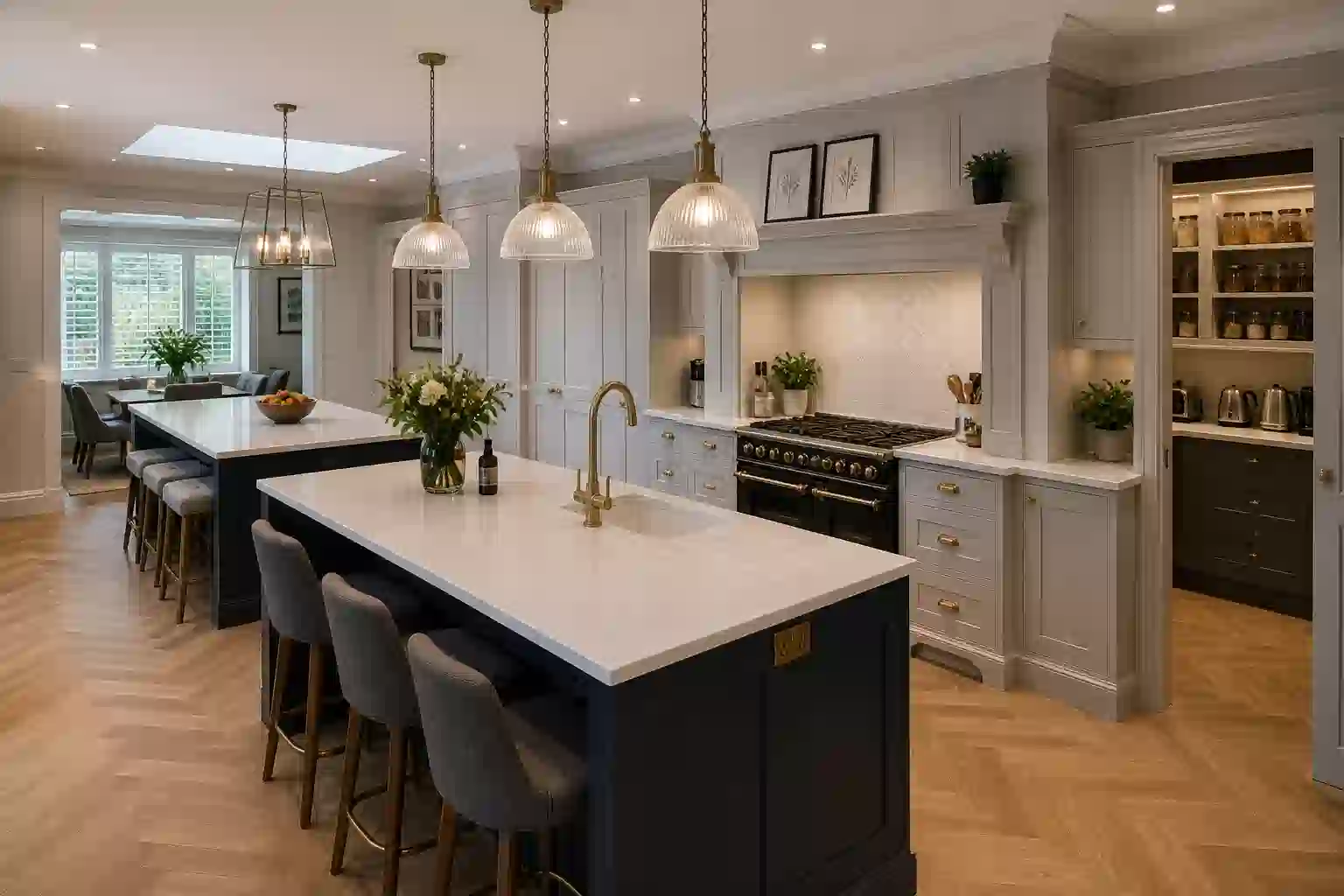 Painted in-frame family kitchen with double island and walk-in pantry in Edgbaston, Birmingham