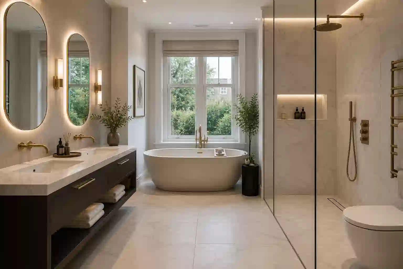 Hotel-style master bathroom suite with marble walls, freestanding bath and brushed brass fittings in Hampstead, London