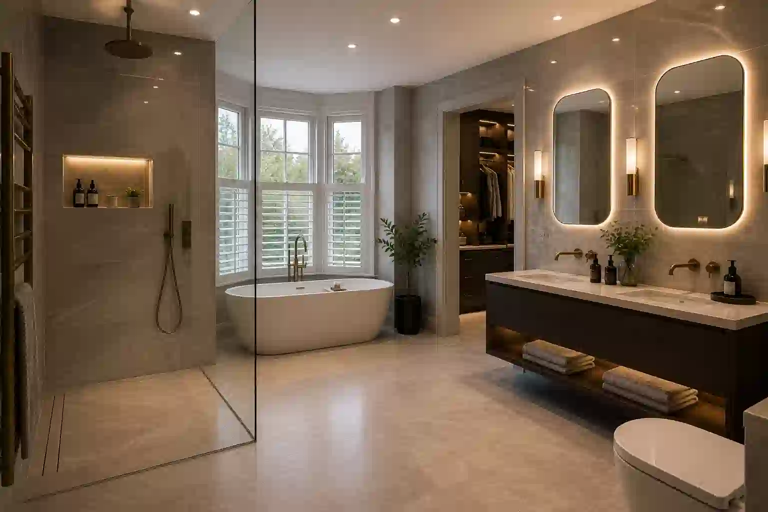 Luxury master bathroom with walk-in shower zone, freestanding bath and double vanity in Harborne, Birmingham