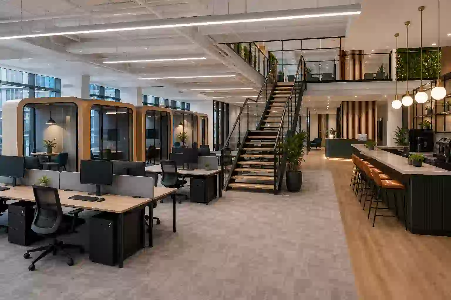 Cat-B office fit-out for a regional HQ with feature staircase and 120 desks at Wellington Place, Leeds