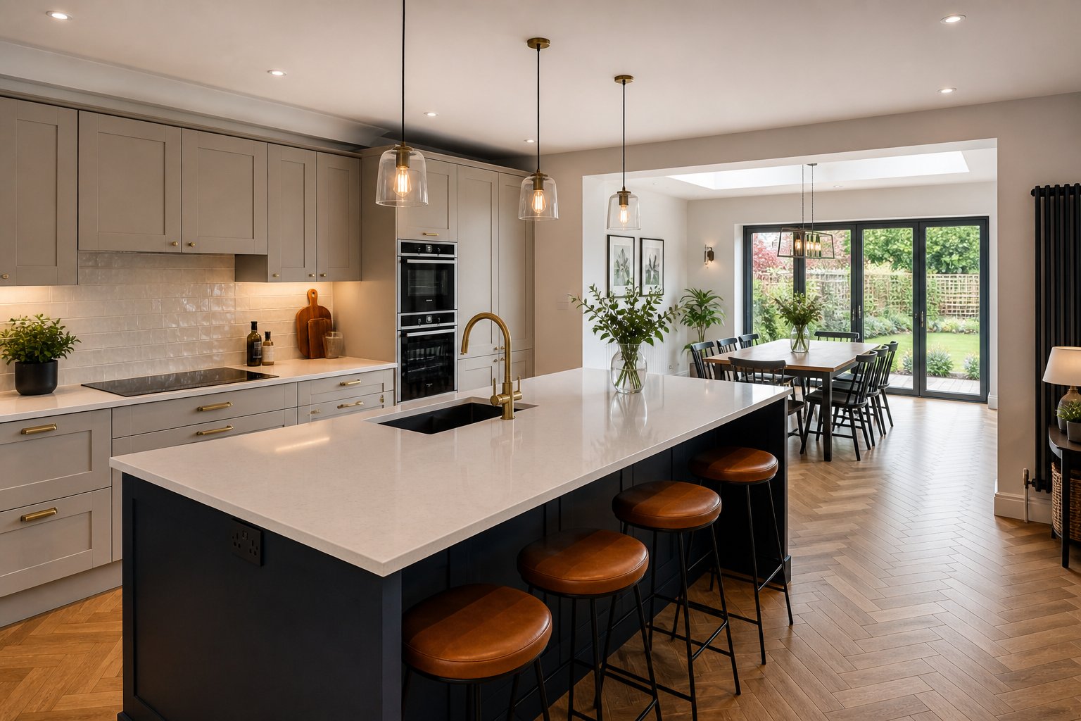 Open-plan kitchen refit with 3.2m central island and herringbone parquet in Roundhay, Leeds