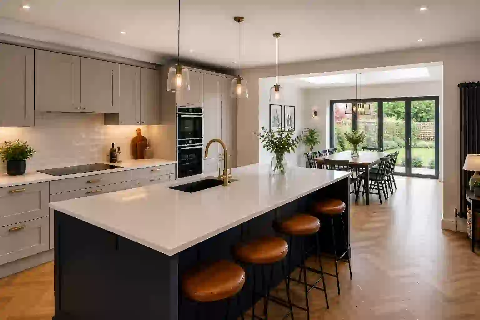 Open-plan kitchen refit with 3.2m central island and herringbone parquet in Roundhay, Leeds
