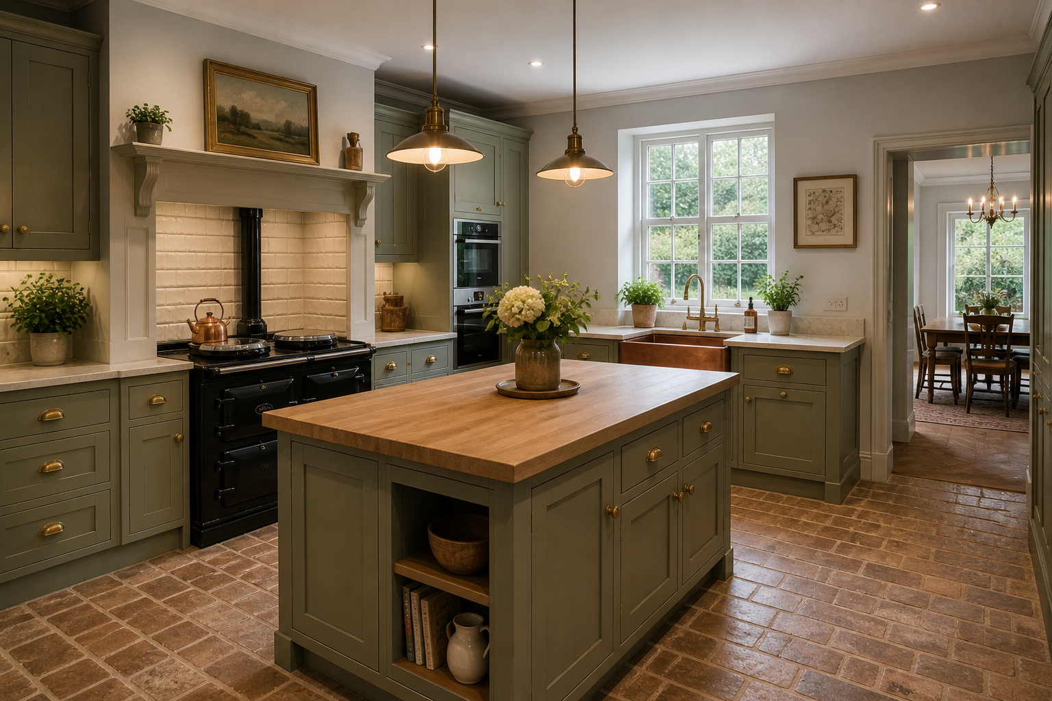 Period country kitchen with painted Shaker cabinetry, brass hardware and AGA-style range in Sevenoaks, Kent