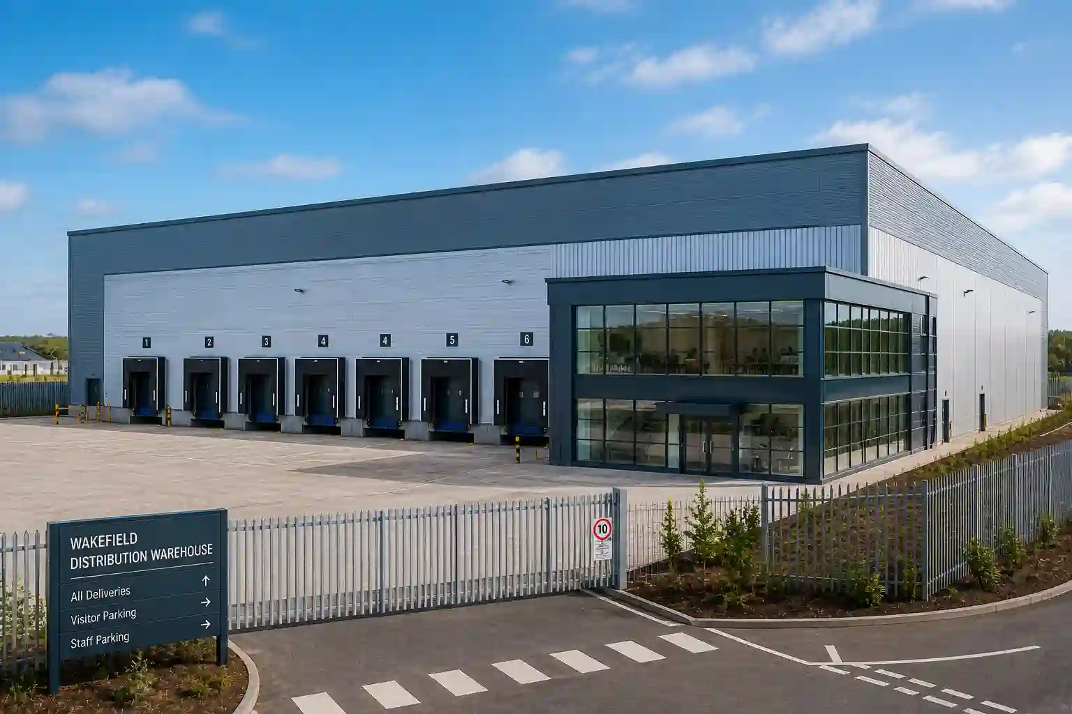 Mid-size distribution warehouse with 6 dock bays and mezzanine office on the M62/M1 corridor in Wakefield, Yorkshire